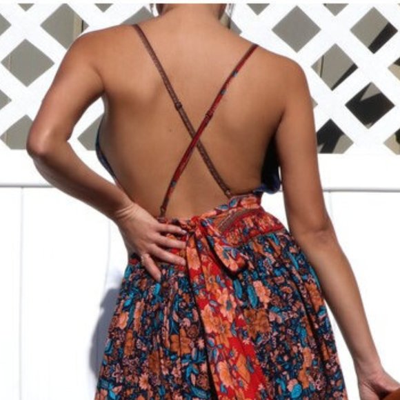 Boho Gypsy Floral Print Open Back Maxi Dress Bohemian Chic Long Dress - Picture 7 of 8